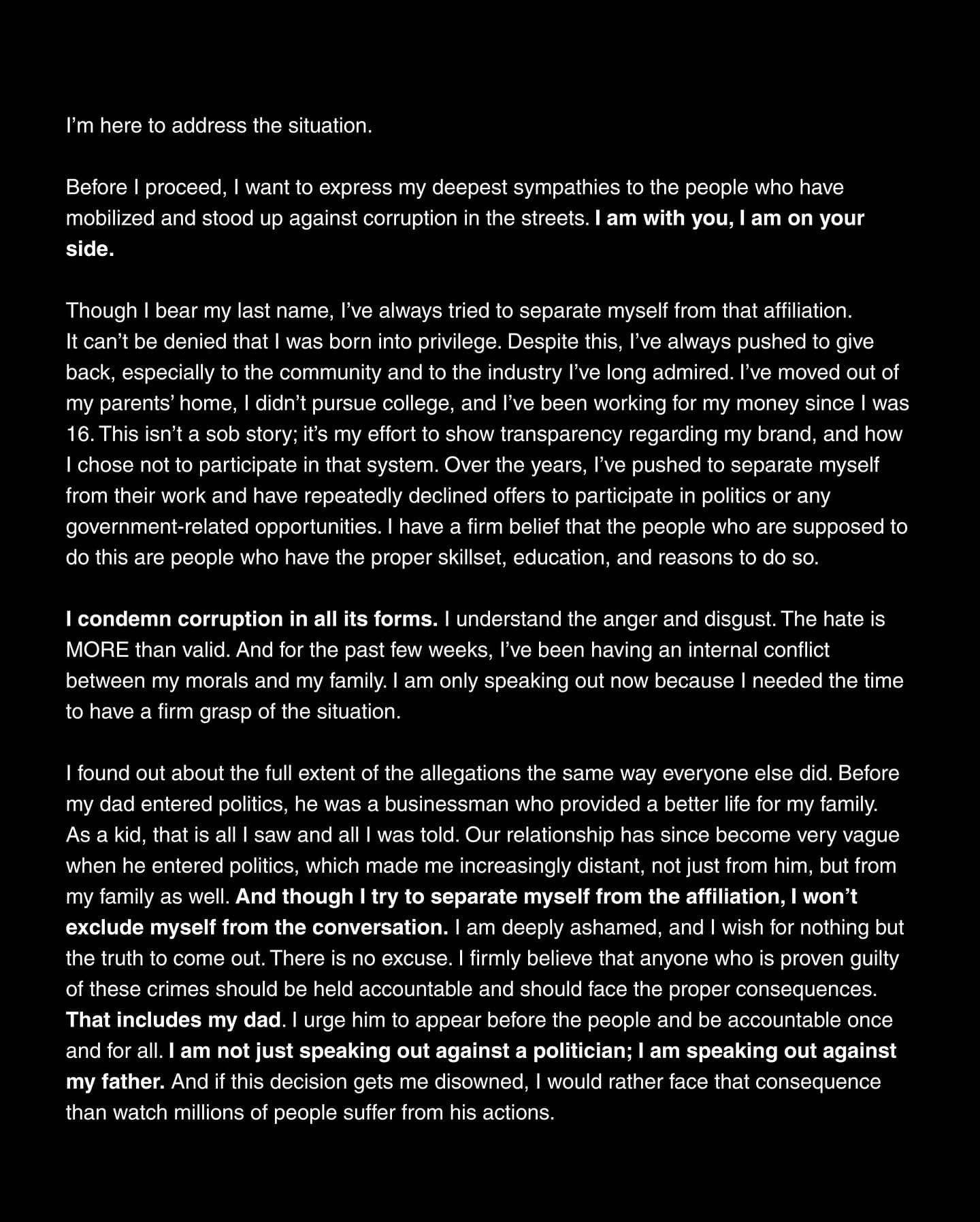 Ellis Co statement on Instagram